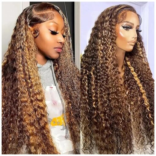 Highlight 13x4 HD Lace Front Wigs Human Hair 4/27 Deep Wave Human Hair Wigs for Black Women Ombre Honey Blonde Curly Lace Frontal Wig Human Hair Pre Plucked 180 % Density with Baby Hair ( 30inch )