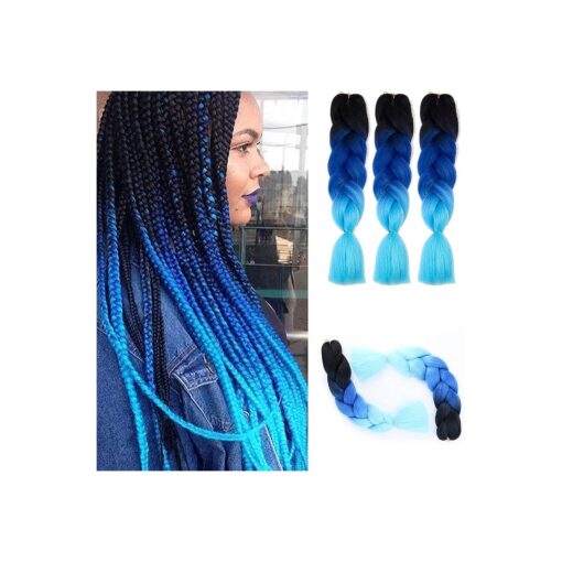 Ombre Kanekalon Braiding Hair Extensions 24" 100g/pcs Synthetic Hair Extensions ( black-bule-light blue ) 3pcs