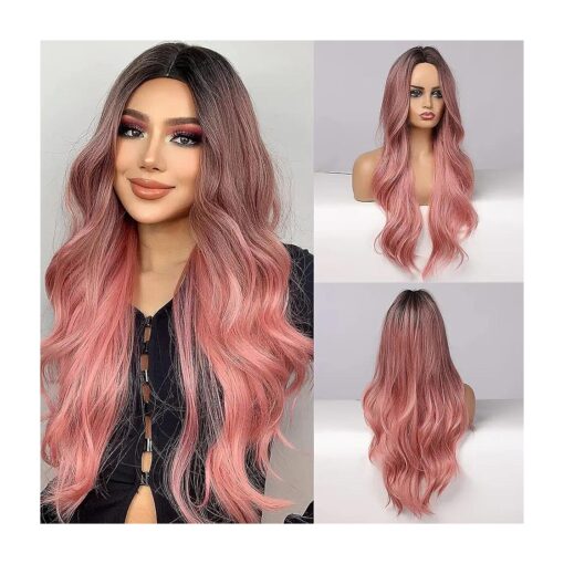 MORICA Ombre Pink Wigs for Women Long Wavy Wig Synthetic Wigs Heat Resistant Fiber Dark Brown Roots Middle Part 26 Inch