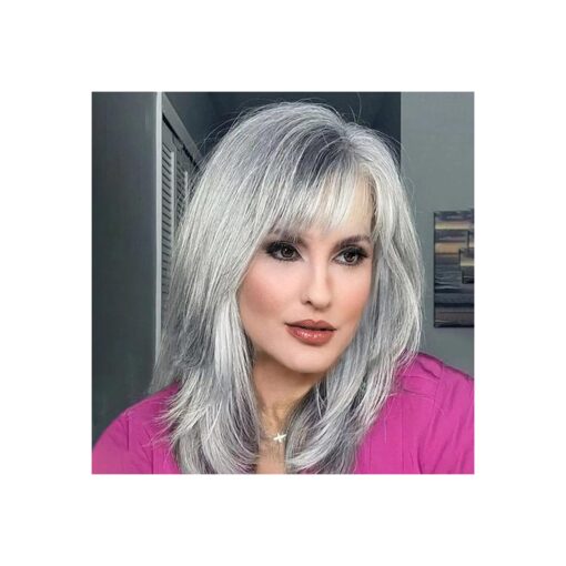 CINHOO Ombre Silver Gray Wig for White Women Long Curly Bob Wigs with Bangs, Layered Grey Hair Wigs for Women with Silver Highlight Salt and Pepper Wigs for Women Synthetic Ash Silver Wig ( Gray )