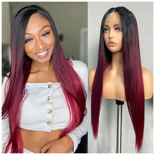 SOKU Ombre Wine Red Lace Front Wigs Synthetic 29 Inch Long Straight Wigs with Baby Hair Free Part Burgundy Synthetic Lace Front Wig with Black Roots for Women Girls