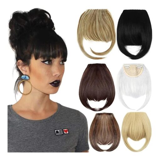 8" Clip in Bangs Hair Extensions Thick Full Neat Bangs Fringe Hair Extension with Temples One Piece Clip on Front Bangs Hairpiece