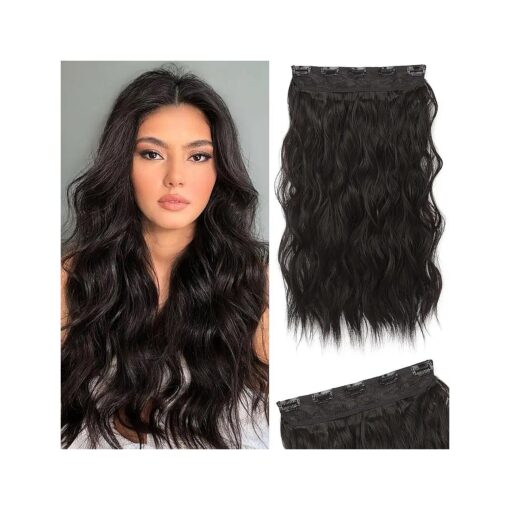 REECHO Clip in Hair Extensions, 20" One Piece Hair Extension Clip in Wefts Long Thick Beach Wavy Natural Soft Synthetic Hairpieces for Women, Black Brown