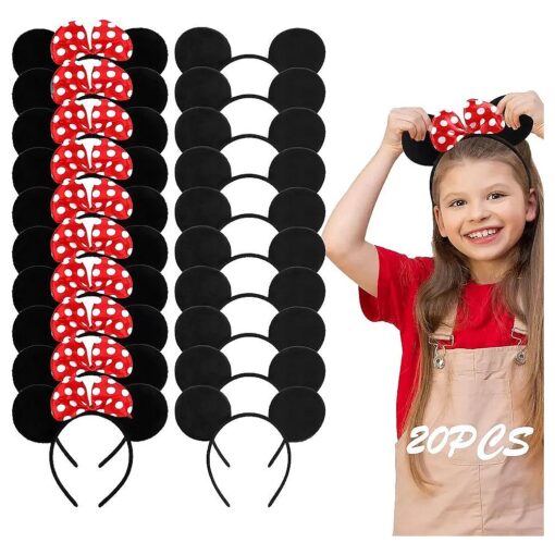 20 Pack Mouse Ears Headband Classic Solid Black and Red Bow Ears Headbands Bulk for Kids and Adults - Boys & Girls Mouse Themed Birthday Party Supplies