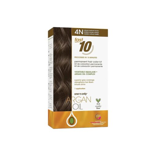 Argan Oil Fast 10 Permanent Hair Color Kit 4N Natural Medium Brown, Gray Hair Coverage in 10 Minutes, Helps Maintain Natural Moisture Balance, Advanced Micro-Pigments for Natural Tones