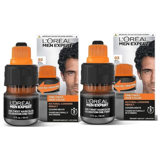 L'Oreal Paris Men Expert One Twist Mess Free Permanent Hair Color, Mens Hair Dye to Cover Grays, Easy Mix Ammonia Free Application, Real Black 02, 2 Application Kit