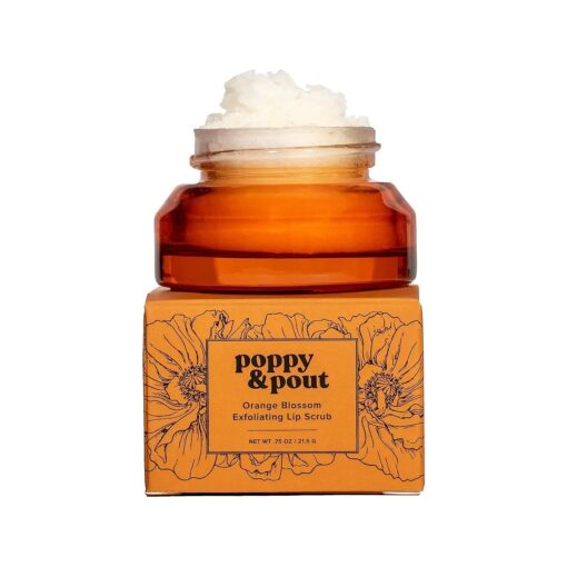 Poppy & Pout Natural Lip Scrub, Moisturizing Sugar Scrub for Dry Lips, Lip Scrubber Exfoliator with Essential Oils Smooths and Hydrates Lips, In Recyclable Glass Jars, Cruelty Free - Orange Blossom