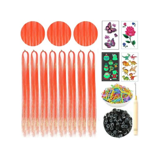 Hair Tinsel Kit with Tools 8 Pcs 1760 Strands Orange Heat Resistant Tinsel Hair Extensions for Women Kids Girls Sparkling Shiny Glitter Fairy Hair for New Year Christmas Halloween Cosplay Party