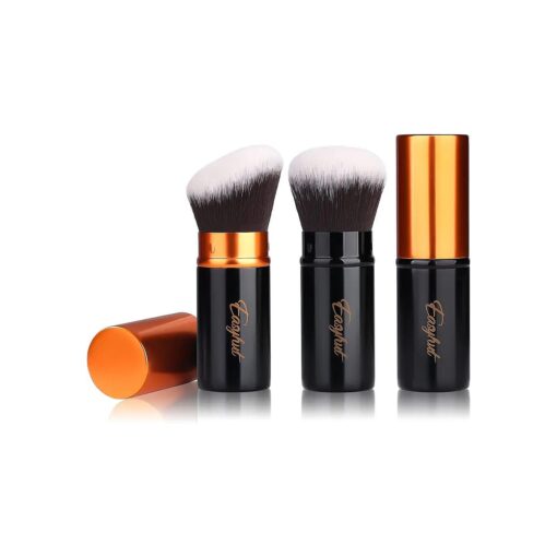 Retractable Kabuki Makeup Brushes 2 Pcs Foundation Blush Brushes Set Portable Powder Brushes with Flat and Angled Top for Liquid Cream Cosmetics Travel, ( Orange black )