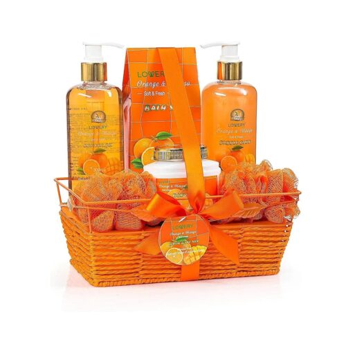 Fathers Day Basket, Home Spa Gift Basket - Orange & Mango Fragrance - 7pc Bath & Body Set For Women & Men, Contains Shower Gel, Bubble Bath, Body Lotion, Bath Salt, 2 Bath Poufs & Handmade Basket