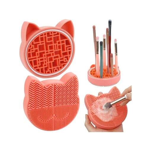 Makeup Brush Cleaning Mat with Drying Holder for Sink- Christmas Silicone Washing Cosmetic Brush Cleaner Pad ( Orange )