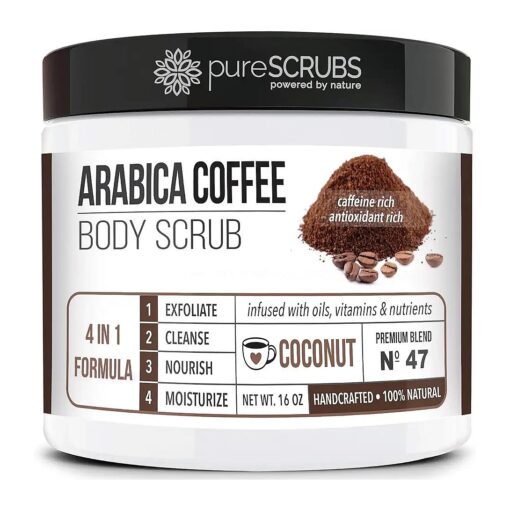 Premium Organic Arabica Coffee Body Scrub Set - COCONUT BLEND Large 16oz Anti Cellulite Scrub With Essential Oils & Nutrients + FREE Wooden Spoon, Loofah & Mini Organic Exfoliating Bar Soap