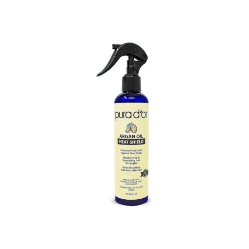 PURA D'OR Argan Oil Heat Shield Protectant Spray ( 8oz ) Water Based Formula w/Organic Ingredients, Protects Up To 450o F From Flat Iron & Hot Blow Dry, Leave-In, Define & Shine Dry & Damaged Hair