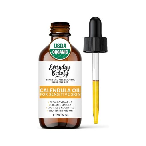 Organic Calendula Oil For Sensitive Skin - USDA Certified 100 % Natural Plant Based, Lightweight & Unscented Gentle Soothing Oil For Sensitive Skin - For Face, Skin & All Over - 1 Fl Oz Glass & Dropper