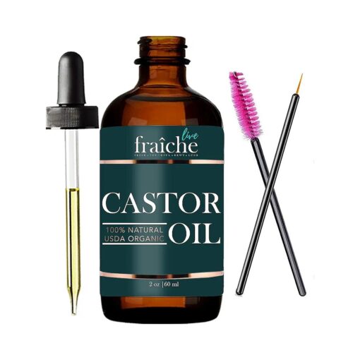 Organic Castor Oil ( 2oz ) + FREE Lash Serum Mascara Starter Kit - USDA Approved Pure Cold Pressed Hexane Free Natural Hair Growth Oil - Live Fraiche Eyebrow Growth Serum & Oil Treatment For Hair