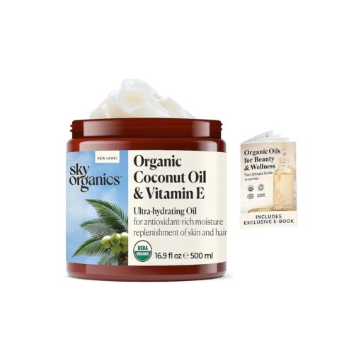 Sky Organics Organic Coconut Oil + Vitamin E for Skin & Hair USDA Certified Organic to Moisturize, Soften & Smooth, 16.9 fl, Oz