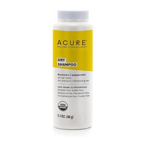 Acure Dry Shampoo - All Hair Types | 100 % Vegan | Certified Organic | Rosemary & Peppermint - Absorbs Oil & Removes Impurities Without Water | 1.7 Oz