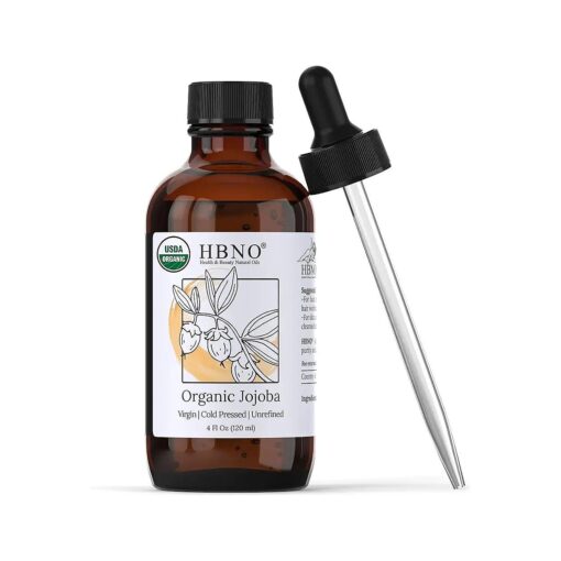 HBNO Organic Jojoba Oil - Huge 4 oz ( 120ml ) Value Size - Natural Jojoba Oil, Cold Pressed - Perfect Carrier Oil for Massage, Aromatherapy, DIY, Soap Making, Face, Body, Lips, Hair, Nails - Jojoba Oil