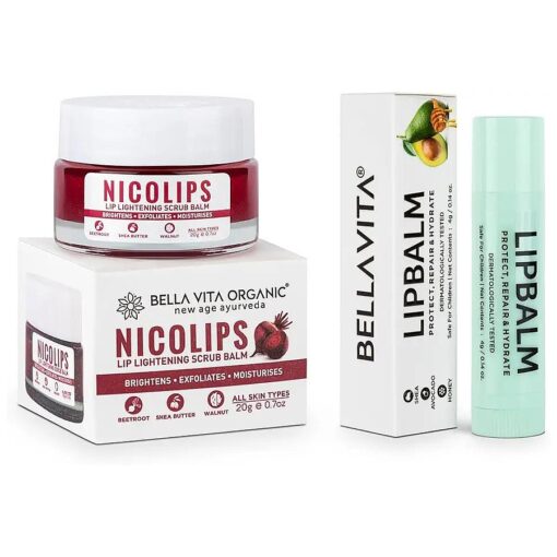 Bella Vita Organic NicoLips Lip Scrub & NicoBalm Lip Balm Combo for Dry, Chapped & Dark Lips Remover Treatment, 20g 5g