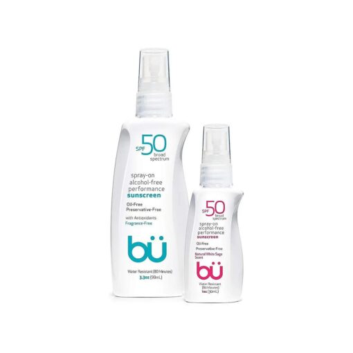 Sunscreen Spray SPF 50 by Bu Value Pack - Travel Size Organic Sun Block for Sensitive Skin - Oil-Free, Alcohol-Free, Non Comedogenic, Water-Resistant ( Fragrance-Free + White Sage )