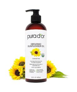 PURA D'OR 16 Oz ORGANIC Sunflower Seed Oil - 100 % Pure & Natural USDA Certified Cold Pressed Carrier Oil For DIY Beauty - Unscented, Hexane Free Liquid Moisturizer - Face Skin & Hair - Men & Women