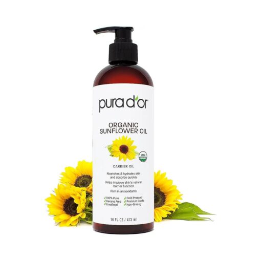 PURA D'OR 16 Oz ORGANIC Sunflower Seed Oil - 100 % Pure & Natural USDA Certified Cold Pressed Carrier Oil For DIY Beauty - Unscented, Hexane Free Liquid Moisturizer - Face Skin & Hair - Men & Women