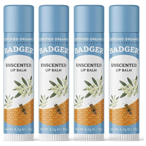 Badger - Classic Lip Balm, Unscented, Made with Organic Olive Oil, Beeswax & Rosemary, Certified Organic, Moisturizing Lip Balm, 0.15 oz ( 4 Pack )