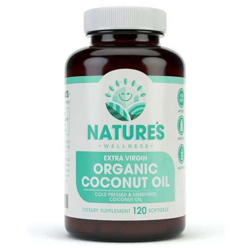 Natures Wellness Organic Coconut Oil 2000mg - Healthy Skin, Nails, Hair Growth - Extra Virgin, Cold Pressed, Unrefined Non GMO - Rich in MCT MCFA - Support Brain Function