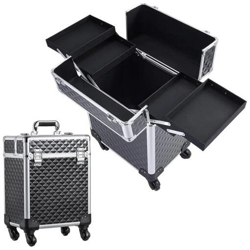 Rolling Makeup Train Case Large Cosmetic Trolley Organized Aluminum Barber Case for Hairstylist Makeup Nail Tech Salon with Keys Swivel Wheels Traveling Cart Trunk - Black