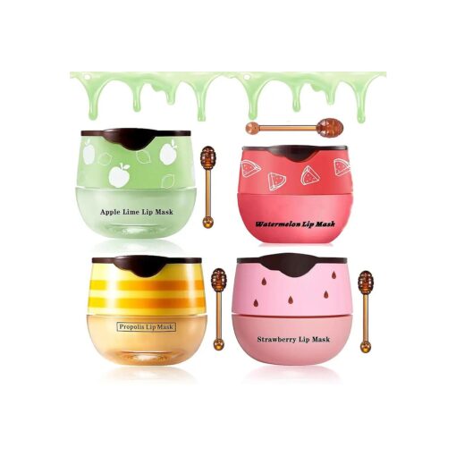 Bee Lip Balm Honey Pot, Honey & Strawberry & Watermelon & Lime Lip Mask Overnight Moisturizing Lip Sleep Mask with Stick Hydrating & Prevention Dry and Cracked Lip Scrubs Exfoliator