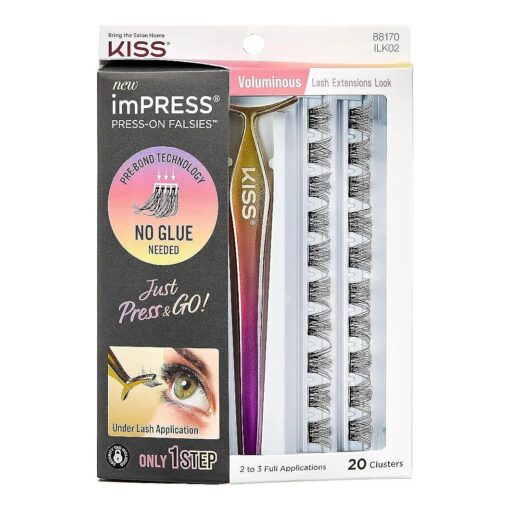 KISS imPRESS Falsies False Eyelashes, Lash Clusters, Voluminous ', 14 mm, Includes 20 Clusters, 1 applicator, Contact Lens Friendly, Easy to Apply, Reusable Strip Lashes