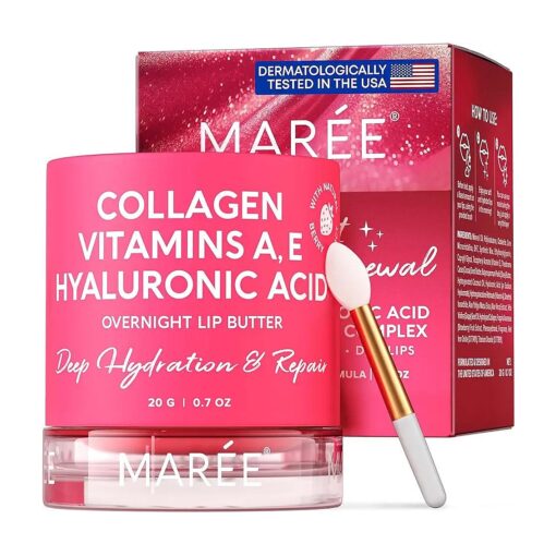 MAREE Lip Mask with Hyaluronic Acid & Coconut Oil - Overnight Collagen Lip Butter to Nourish & Hydrate Dry Cracked Lips - Moisturizer for Skin Care with Shea & Cocoa Butter - Sleeping Lip Butter Balm