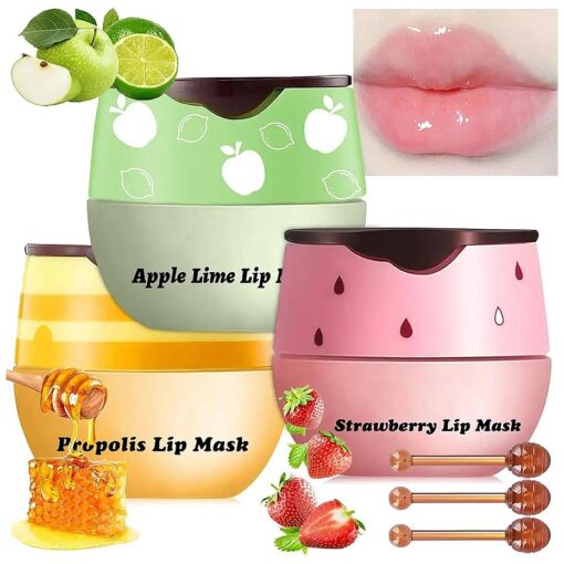 3 Pcs Bee Lip Balm Honey Pot, Honey Strawberry Apple Lip Mask Overnight, Moisturizing Lip Sleeping Mask, Hydrate Repair Prevent Dry Cracked Lip Exfoliator Lip Care ( Honey+Strawberry+Apple Lime )