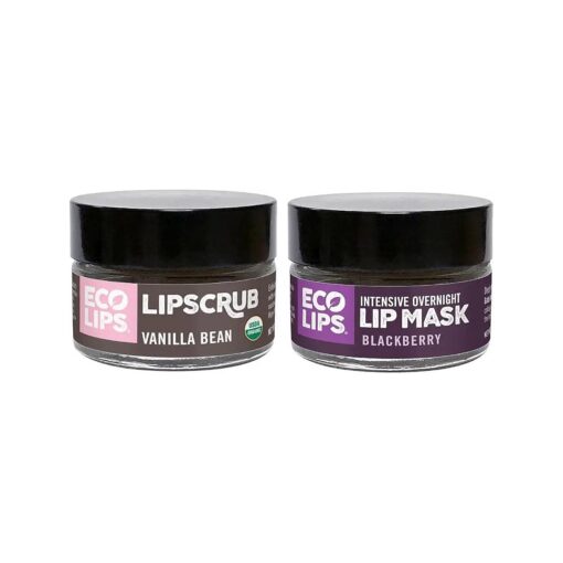 Eco Lips Vanilla Bean Lip Sugar Scrub & Blackberry Intensive Overnight Lip Repair Mask Duo - 100 % Organic Lip Care Treatment - Gently Exfoliate, Polish, & Repair Dry, Flaky Lips, 100 % Edible