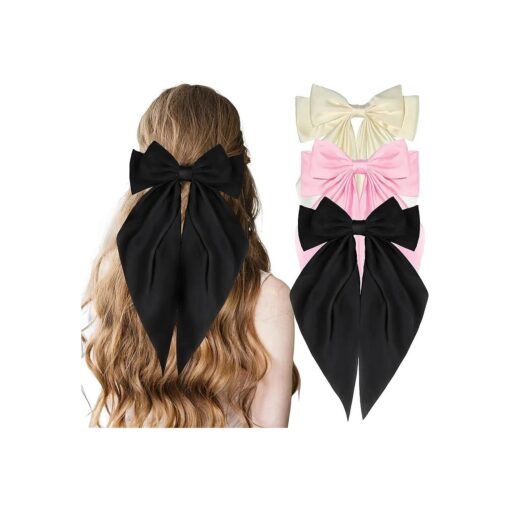 3Pcs Silky Satin Hair Bows Clips for Women Beige Hair Bow Black Hair Bow Pink Hair Bow Hair Ribbons Oversized Long Tail Hair Barrettes Metal Clips for Girls Teens Hair Accessories