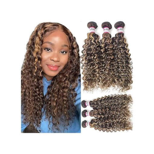 P4/27 Highlight Brazilian Deep Wave Human Hair 3 Bundles 12A Ombre Brown Blonde Brazilian Deep Curly Hair Extensions Remy Human Hair Weaves ( 16 18 20, Highlight Deep Wave Bundles )