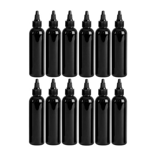 4 Ounce Cosmo Round Bottles, PET Plastic Empty Refillable BPA-Free, with Black Twist Top Caps ( Pack of 12 ) ( Black )