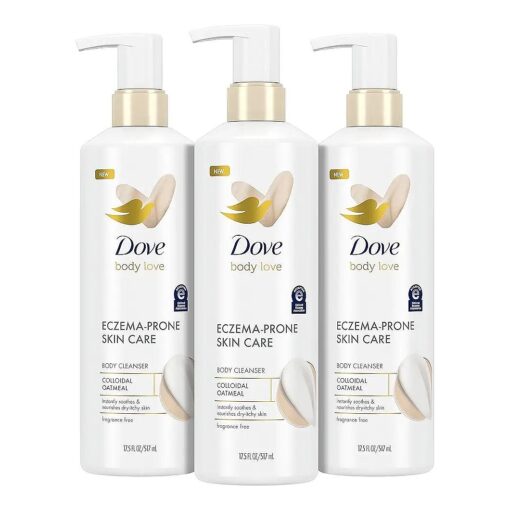 Dove Body Love Body Cleanser Eczema-Prone Skin Care Colloidal Oatmeal 3 Count Fragrance Free Body Wash Instantly Soothes & Nourishes Dry-Itchy Skin 17.5 FO