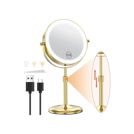 Benbilry Lighted Makeup Mirror with 3 Color Lights & 10X Magnification, Adjustable Brightness & Height, 7 Inch 360deg Swivel Rechargeable LED Vanity Mirror, 10X Magnifying Mirror with Light, Gold