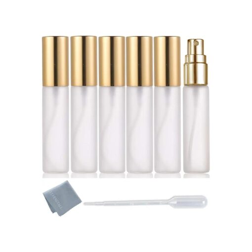 Elfenstall- Frosted 6pcs 10ml 1/3OZ Fine Mist Gold Atomizer Glass Bottle Spray Refillable Fragrance Perfume Empty Scent Bottle for Travel Party Portable 3ML Free Pipette