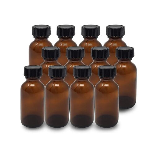 Amber Glass Bottles 1 Oz ( 30 ml ) Pack Of 12 Empty Refillable Bottles With Black Cap