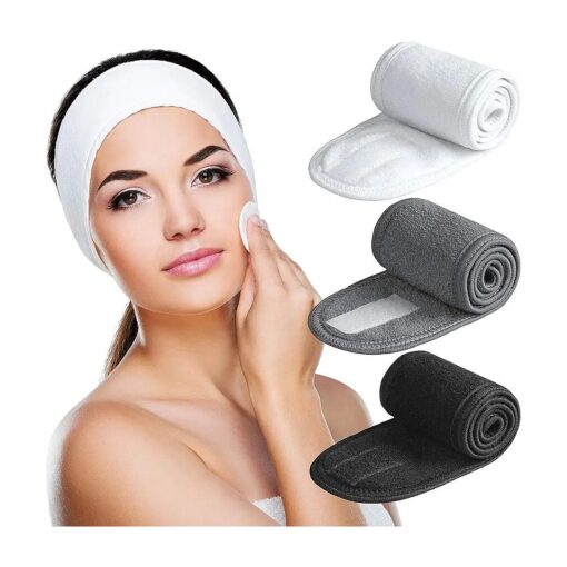 Denfany Spa Headband 3 Pack Ultra Soft Adjustable Face Wash Headband Terry Cloth Stretch Make Up Wrap for Face Washing, Shower, Facial Mask, Yoga ( Black + White + Grey )