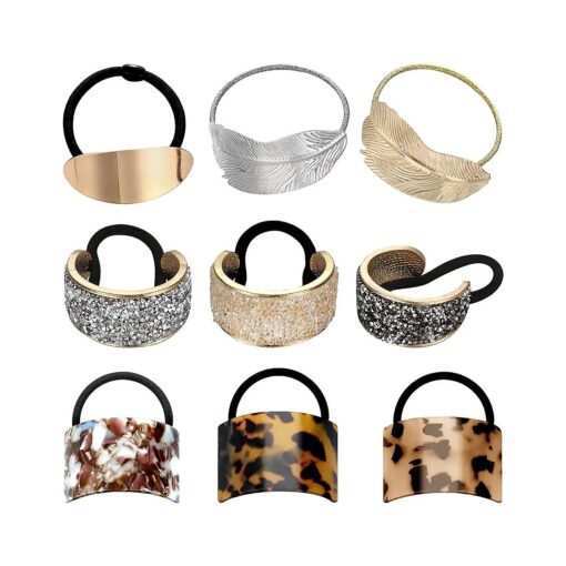 9 Pack Ponytail Hair Cuff Metal Rhinestone Ponytail Holder Elastic Glitter Decorative Hair Tie Gold Hair Ties Wrap Cuff Tortoise Shell Ponytail Ring Holder ( Charming Style )