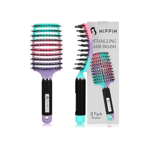 Detangling Brush 2 Pack, HIPPIH Detangler Hair brush for Adult & Kids ' Wet or Dry Hair, Boar Bristle Hair Brush Getting Knots Out without Pain Adds Shine and Makes Hair Smooth Purple