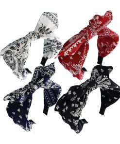 Paisley Print Wide Bow Headbands for Women Bandana Rabbit ear Elastic Hairband Cute Knot Headbands Hair Accessories ( Style 1 : ( Red, white, Navy, black )