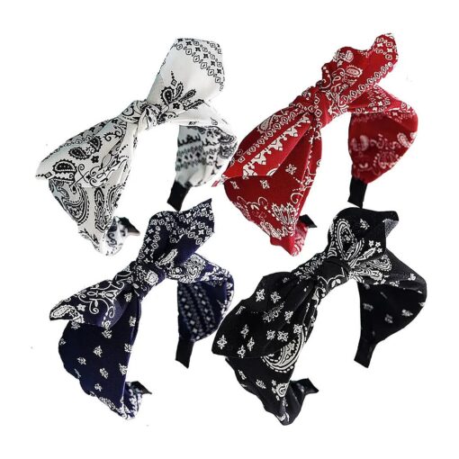 Paisley Print Wide Bow Headbands for Women Bandana Rabbit ear Elastic Hairband Cute Knot Headbands Hair Accessories ( Style 1 : ( Red, white, Navy, black )