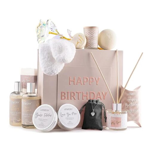 Birthday Gifts for Women, Birthday Spa Gift Basket for Women, Luxury Birthday Spa Gift Box with Vit E, Rich Bath Essentials, Diffuser, Candle, Sterling Silver CZ Heart Necklace, 24k Flower Rose & More