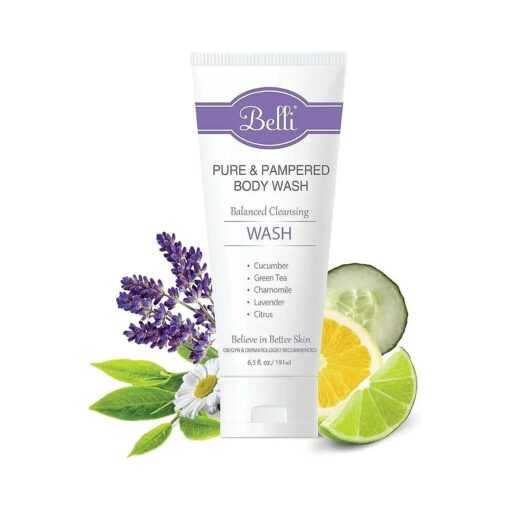 Belli Skincare Pure and Pampered Body Wash, Moisturizing Skin Cleanser, Contains Cucumber Green Tea Extracts, For All Skin Types, Dermatologist recommended, 6.5 Oz