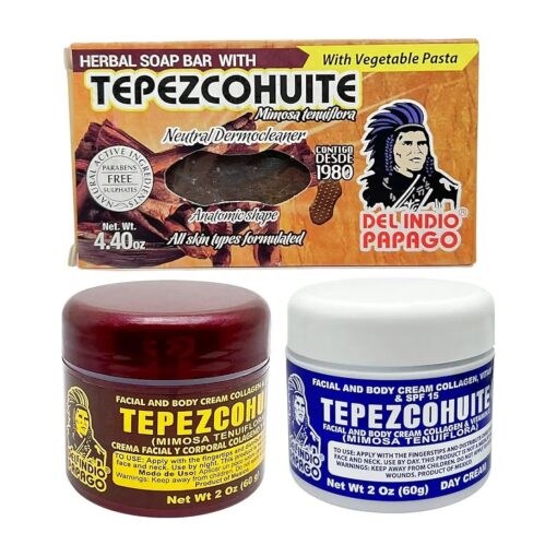 Del Indio Papago Anti Aging Combo Pack with Night Cream 2 oz, Day Cream 2 oz, and Tepezcohuite Natural Bar Soap - Skin Care Solution for All Types of Skin