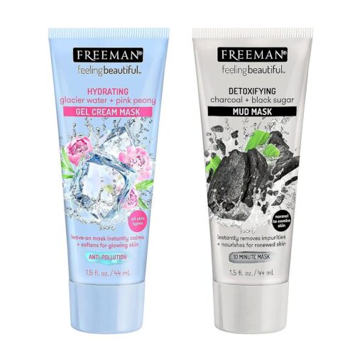 Freeman Limited Edition Glacier Water Pink Peony Cream Gel Facial Mask & Charcoal Black Sugar Mud Facial Mask, Hydrating & Detoxifying Skincare Masks, Gift Set, 2 Count, 1.5 fl.oz./44 mL Tubes